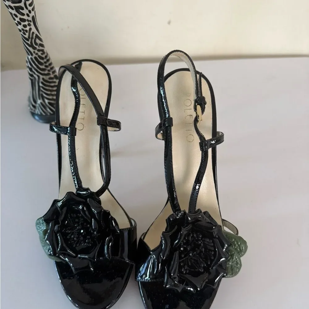 Poletto Black Stiletto Heels with Floral Detail 6 Used Once (like new) see pics